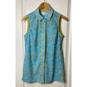 Brooklyn Industries Retro Blue Yellow Sleeveless Button Shirt Women's Size Small